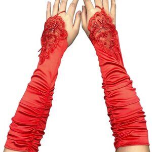 Women's A-A-Red Fingerless Satin Long Evening Gloves Wedding Party Costumes